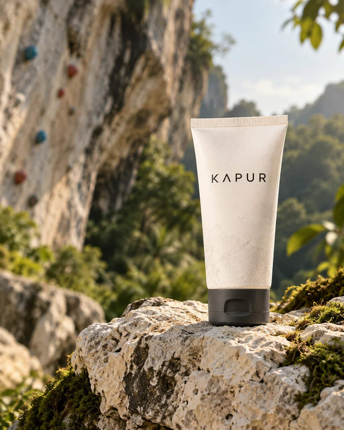 Illustrative concept image of a white Kapur liquid chalk tube on limestone beside a climbing wall